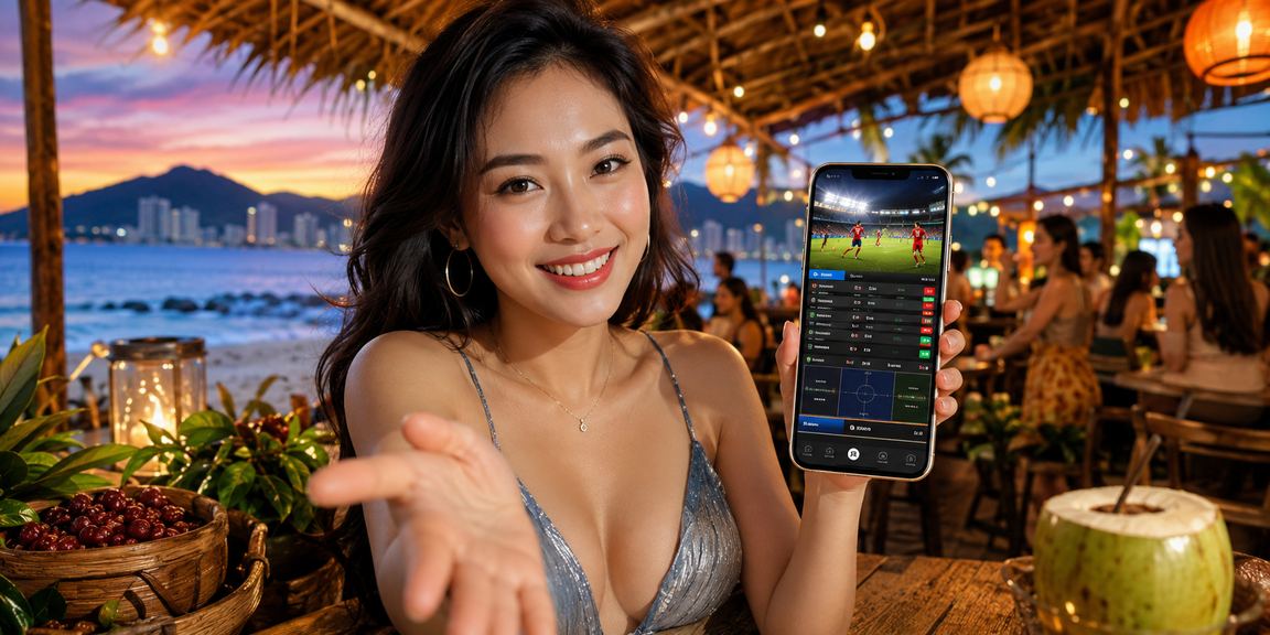 Người dùng Việt Nam ngồi tại quán cà phê Nha Trang dùng điện thoại xem kèo thể thao và kiểm tra ưu đãi cá cược trực tuyến