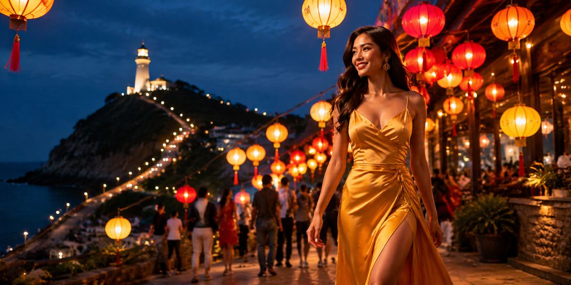 Không khí sôi động tại khu giải trí và chợ đêm Vũng Tàu với ánh đèn đêm và người dùng di động tham gia cá cược trực tuyến